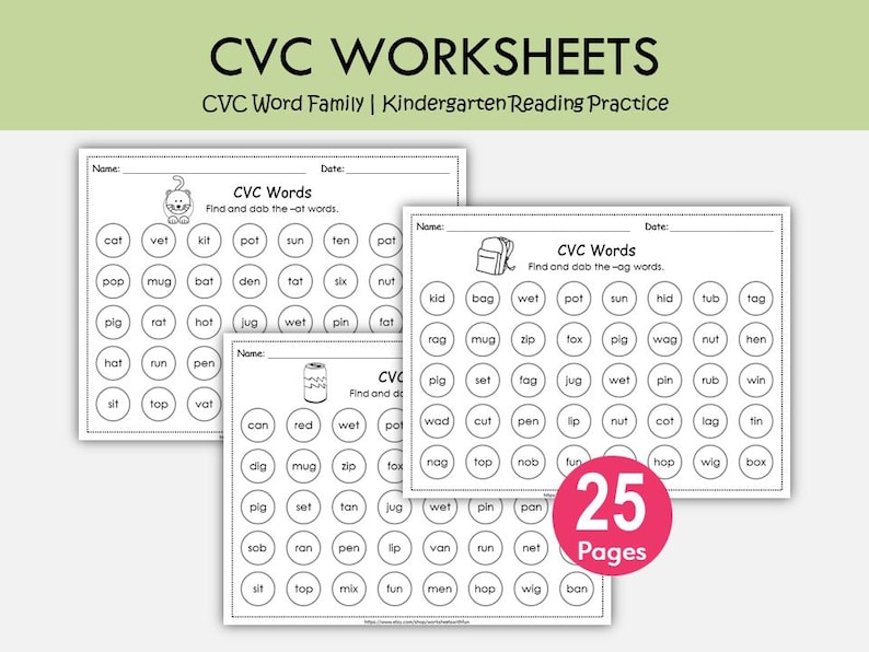 CVC Word Family Worksheets | Dab & Color Phonics Activities | Kindergarten Literacy Centers | Preschool Reading Practice | Printable PDF image 1