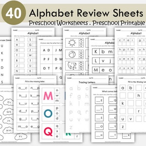 40 planilhas de alfabeto para pré-escola para imprimir, atividades de reconhecimento de letras, avaliação, revisão do alfabeto, fonética para jardim de infância, ordem alfabética