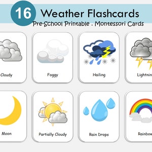 Flashcards de clima, clipart de clima, gráfico de clima, materiais Montessori para educação domiciliar, flash cards para crianças, cartões de clima, digital