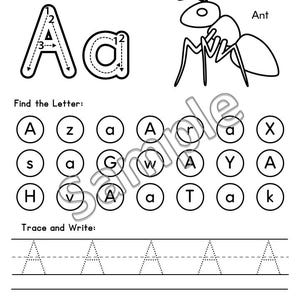 May include: Black and white worksheet for learning the letter Aa. Includes tracing exercises for uppercase and lowercase letters, a matching game, and an illustration of an ant. The text "Letter Aa" is at the top.