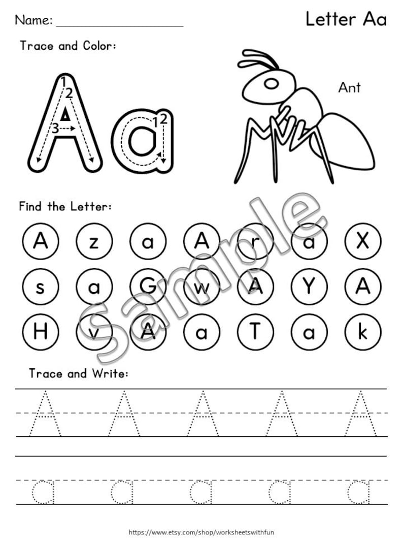 May include: Black and white worksheet for learning the letter Aa. Includes tracing exercises for uppercase and lowercase letters, a matching game, and an illustration of an ant. The text "Letter Aa" is at the top.