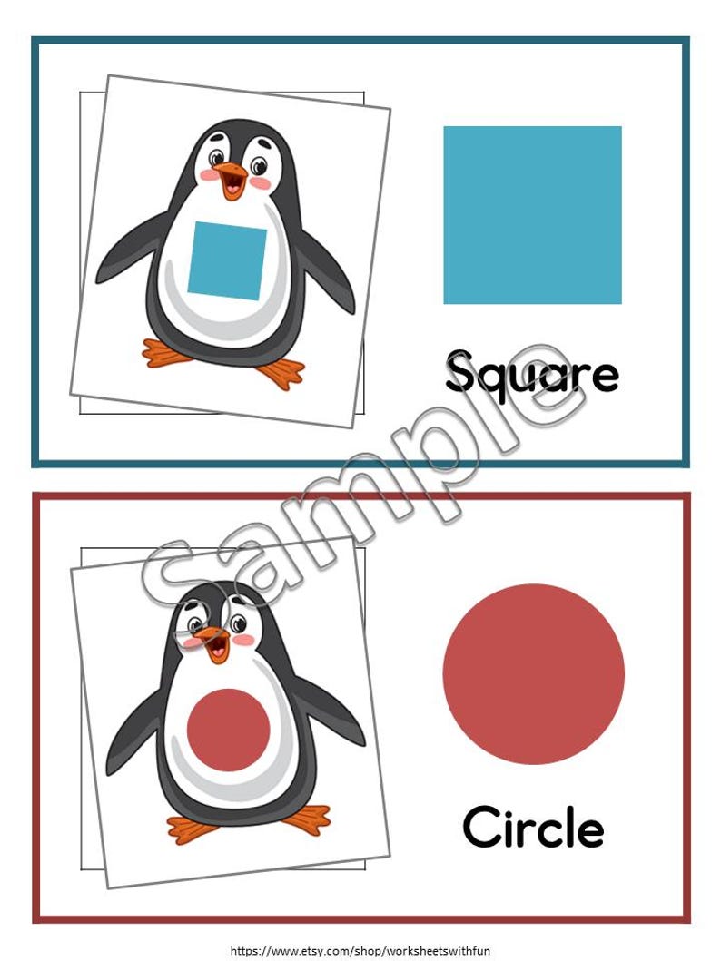 May include: A printable worksheet with two images of penguins. The first penguin has a square shape in its belly and the text "Square" below it. The second penguin has a circle shape in its belly and the text "Circle" below it.