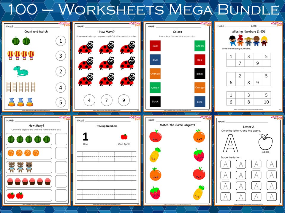 Kindergarten Worksheets 100 Worksheets Mega Bundle Preschool | Etsy