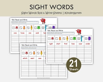 Kindergarten Sight Words Roll and Write Worksheets, Literacy Center Activity (Digital Download)