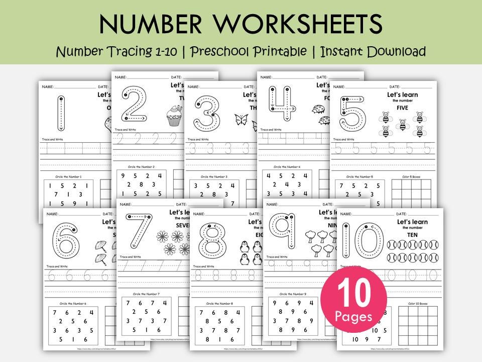1-10 Number Tracing, Preschool Worksheet Printable, Handwriting Practice, Kindergarten Worksheets, Learning Numbers, Instant Download