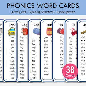 Learn to Read CVC Words, Phonics Cards Printable, Kindergarten Reading, CVC Word Family Lists, Phonetic, Toddlers, Homeschool Kids Resource
