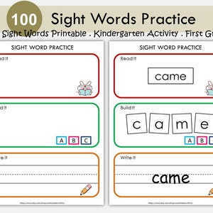 Sight Words Printable for Kindergarten, Sight Words Builder, Preschool Activity Pages, 1st Grade Handwriting and Spelling Activities