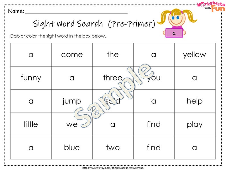 Dolch Sight Words Search Worksheets Printable 40 Pre Primer Etsy