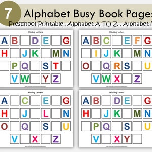 Hojas de trabajo del alfabeto para niños, páginas de libros con actividades del alfabeto, hojas imprimibles para preescolar, reconocimiento de letras faltantes de la A a la Z, actividades matutinas para niños pequeños