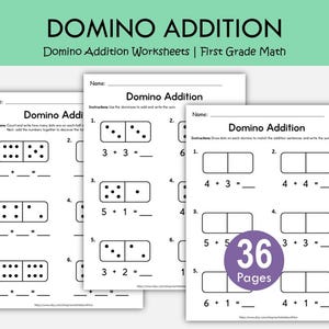 May include: Three white paper worksheets titled Domino Addition with black text and graphics. Each page features numbered math problems with domino illustrations, blank spaces for sums, and instructions. A purple circle indicates 36 Pages.