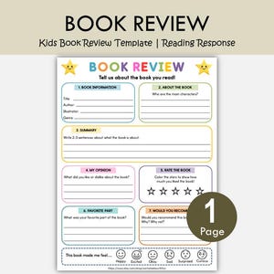 May include: A printable book review worksheet for children featuring seven sections including book information, summary, opinion, and rating. The page includes colorful headers, star graphics, and a row of six emotion icons labeled happy to curious.