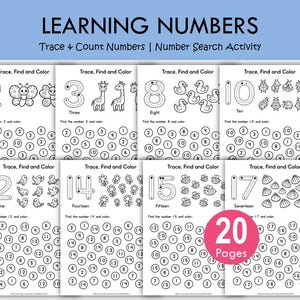 May include: A set of 20 educational worksheets titled LEARNING NUMBERS Trace & Count Numbers | Number Search Activity. Each page features black and white line art for tracing numbers, counting illustrations like butterflies, giraffes, and ducks.