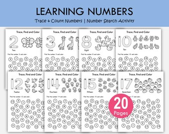 Number Recognition Worksheets 1-20 Printable, Preschool Kindergarten Math, Find and Color Numbers, Number Search Activity