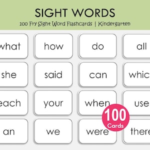 Puede incluir: Tarjetas didácticas blancas con palabras de uso frecuente como "what", "how" y "do". El texto "SIGHT WORDS" y "100 Fry Sight Word Flashcards | Kindergarten" están en la parte superior. Un círculo rosa indica "100 Cards".