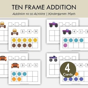 May include: Educational cards for kindergarten math featuring ten frame addition problems. The cards display colorful illustrations of monster trucks and cars, along with addition equations and visual representations using circles. The text on the cards reads "TEN FRAME ADDITION".