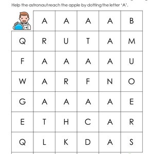 May include: A black and white printable worksheet with a maze for kids to help an astronaut reach an apple by tracing the letter 'A'.