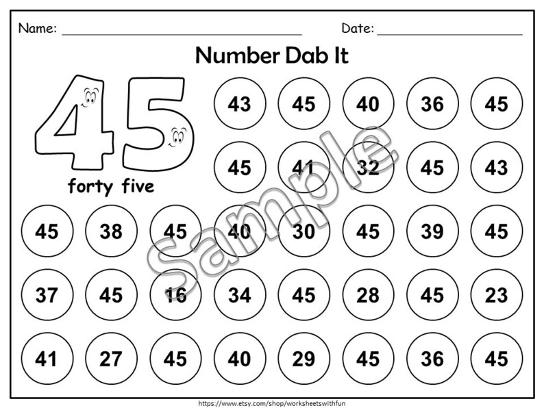 May include: Black and white worksheet titled "Number Dab It" featuring the number 45 and the words "forty five". The worksheet contains a grid of circles with numbers, suitable for educational purposes.