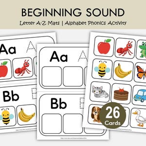 Juego imprimible de emparejamiento de letras con sonidos iniciales / Actividad fonética del alfabeto para preescolar y jardín de infantes / Tapetes ABC