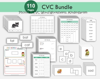 CVC Words, CVC Worksheets, CVC Flashcards, Objects, Word Builder, Word List for Kids, Word Families, Tracing, Phonics Builder, Kindergarten