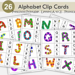 Alphabet Clip Cards Phonics, A-Z Letters Flashcards, Alphabet Matching Activity, Letter Sounds, Preschool Printable, ABC Cards, Kindergarten