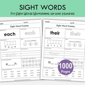 Fry Sight Words Worksheets 1st-10th 100 (1-1000) | Kindergarten 1st 2nd 3rd Grade Printable PDF | Reading Fluency & High Frequency Words