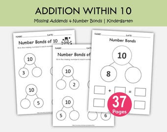 Addition Within 10 Worksheets | Missing Addends & Number Bonds | Kindergarten Math Fluency Printable