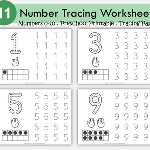 May include: A set of 11 printable number tracing worksheets for preschoolers. Each worksheet features a number with dotted lines for tracing, a number of fingers to represent the number, and a ten-frame to help with number recognition.