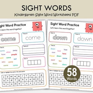 Puede incluir: Dos hojas de trabajo educativas tituladas Sight Word Practice con las palabras come y down. Cada página incluye secciones para colorear, trazar, escribir y encontrar las palabras, junto con una cuadrícula de sopa de letras y un pequeño personaje cuadrado rojo.