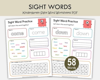 Kindergarten Sight Word Worksheets | 58 High Frequency Practice (PDF)