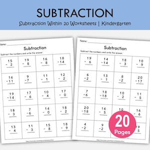 Subtraction Within 20 Worksheets Printable | Kindergarten & First Grade Math Practice