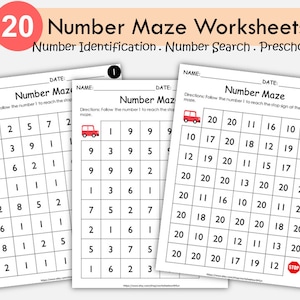 Number Maze Worksheets, Numbers 1-20, Number Sequence, Preschool Math, PreK Workbook, Toddlers Activity, Montessori, Homeschool