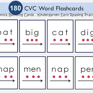 CVC Words Flashcards Printable, Phonics Blending Cards with Dots & Arrow, Kindergarten Literacy Center, Early Reading Practice, Short Vowels
