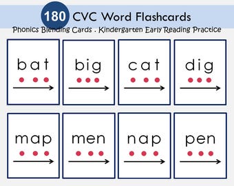 CVC Words Flashcards Printable, Phonics Blending Cards with Dots & Arrow, Kindergarten Literacy Center, Early Reading Practice, Short Vowels