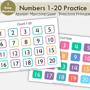 Number Matching Game Printable 1-20 | Preschool Math Activity | Toddler Number Recognition | Kindergarten Learning Numbers Game | Count 1-20