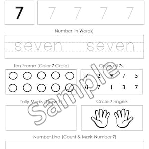 K&ouml;nnte beinhalten: Ein schwarz-wei&szlig;es Arbeitsblatt mit dem Titel Number Sense, das die Zahl 7 zeigt. Es enth&auml;lt Abschnitte zum Nachspuren der Zahl, zum Schreiben des Wortes seven, einen Zehnerrahmen, das Einkreisen von 7en, Strichlisten, Fingerz&auml;hlen und einen Zahlenstrahl.