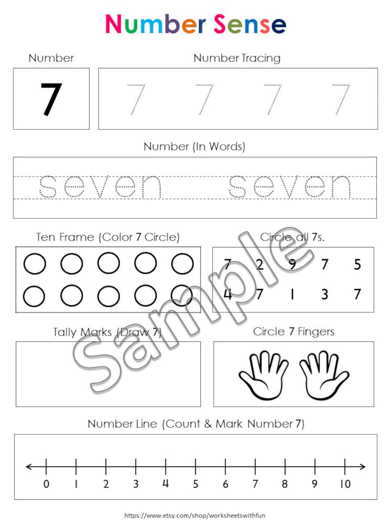 K&ouml;nnte beinhalten: Ein schwarz-wei&szlig;es Arbeitsblatt mit dem Titel Number Sense, das die Zahl 7 zeigt. Es enth&auml;lt Abschnitte zum Nachspuren der Zahl, zum Schreiben des Wortes seven, einen Zehnerrahmen, das Einkreisen von 7en, Strichlisten, Fingerz&auml;hlen und einen Zahlenstrahl.