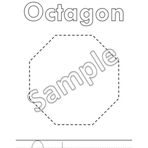 May include: A black and white printable worksheet for kids to practice tracing the word "Octagon" and tracing an octagon shape. The worksheet includes the text "I can trace an Octagon" and the text "https://www.etsy.com/shop/worksheetswithfun".