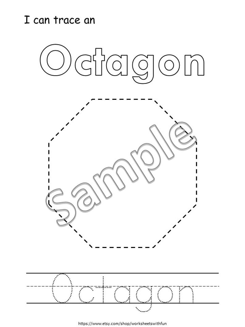 May include: A black and white printable worksheet for kids to practice tracing the word "Octagon" and tracing an octagon shape. The worksheet includes the text "I can trace an Octagon" and the text "https://www.etsy.com/shop/worksheetswithfun".