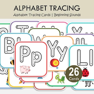 May include: A set of 26 alphabet tracing cards with the text ALPHABET TRACING and Alphabet Tracing Cards | Beginning Sounds. Each card features a letter with numbered directional arrows for tracing and a corresponding illustration like a pig or ladybug.