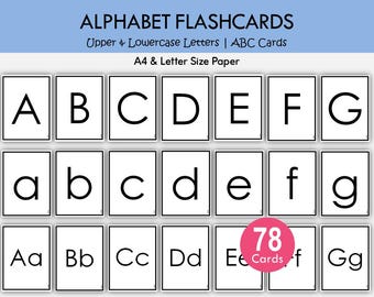 Flashcards alphabet imprimables - Majuscules, Minuscules | 78 cartes ABC en noir et blanc pour enfants | Numérique