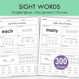 Può includere: Due fogli di lavoro educativi bianchi intitolati Sight Word Practice, con esercizi per leggere, colorare, costruire, tracciare e identificare parole come each e many. Un badge circolare viola indica 300 Pages. L'intestazione riporta SIGHT WORDS.
