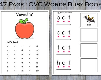 CVC-woorden werkbladen afdrukbaar, leren lezen, klanken, CVC-objecten, Montessori, kleuterschoolcurriculum, peuteractiviteiten, korte klinkers