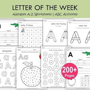 Schede di lavoro "Lettera della settimana" stampabili, libro interattivo dell'alfabeto, raccoglitore di apprendimento, programma prescolare, attività di tracciamento per bambini piccoli, scuola materna