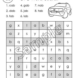 K&ouml;nnte beinhalten: Ein schwarz-wei&szlig;es, druckbares Arbeitsblatt mit einem Wortsuchr&auml;tsel f&uuml;r Kinder. Das R&auml;tsel enth&auml;lt die Buchstaben g, x, l, a, b, w, n, u, a, z, s, y, r, s, a, m, b, q, t, a, b, x, b, s, s, f, w, t, f, h, q, r, r, q, u, c, a, b, y, a, j, d, w, e, y, g, i, b, e, a, g, f, a, b, v, z, g, b, s, e, v, k. Die W&ouml;rter, die man finden muss, sind cab, dab, fab, gab, jab, lab, nab und tab.