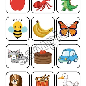 May include: A grid of twelve square cards featuring colorful cartoon illustrations of an apple, ant, crocodile, bee, banana, butterfly, cat, chocolate cake, blue car, dog, drum with sticks, and a white duck, all enclosed in black rounded borders.