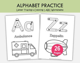 Alphabet Tracing Worksheets Printable, Letter Tracing Workbook A-Z, Preschool Handwriting Practice, Kindergarten Alphabet Coloring Pages