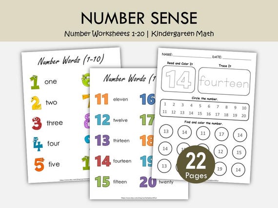 Number Worksheets 1-20 Printable, Kindergarten Math Activities, Trace Number Words, Read and Color, Preschool Number Recognition