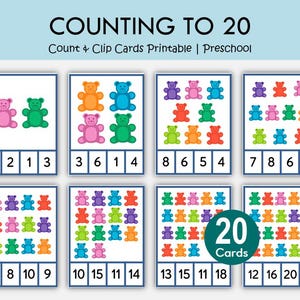 Count & Clip Cards 1–20 Printable | Bear Counting Activity, Preschool Math Centers, Fine Motor Skills, Kindergarten Number Recognition Game