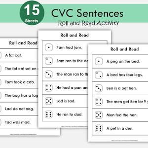 CVC Sentence Reading Roll and Read Game | 15 CVC Words Printable Worksheets for Early Readers | Kindergarten Reading Fluency | Homeschool