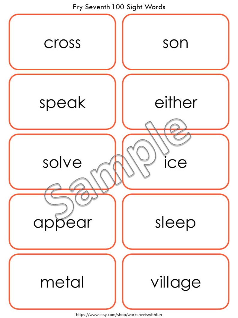 Fry 7th 100 Sight Words Flashcards Printable, High Frequency Word Cards ...